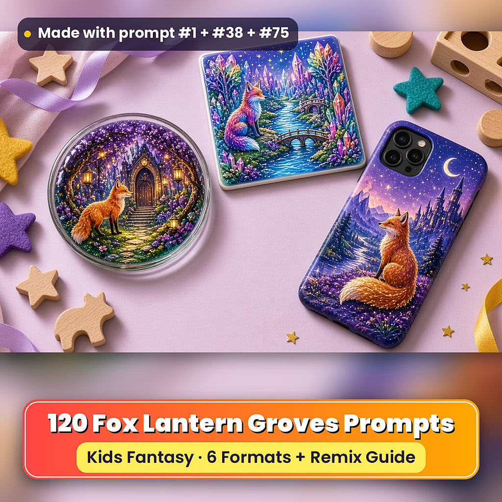 Fox Lantern Groves kids fantasy prompt pack: UV-printed coaster, tile and phone case set mockup, made with prompt #1 + #38 + #75