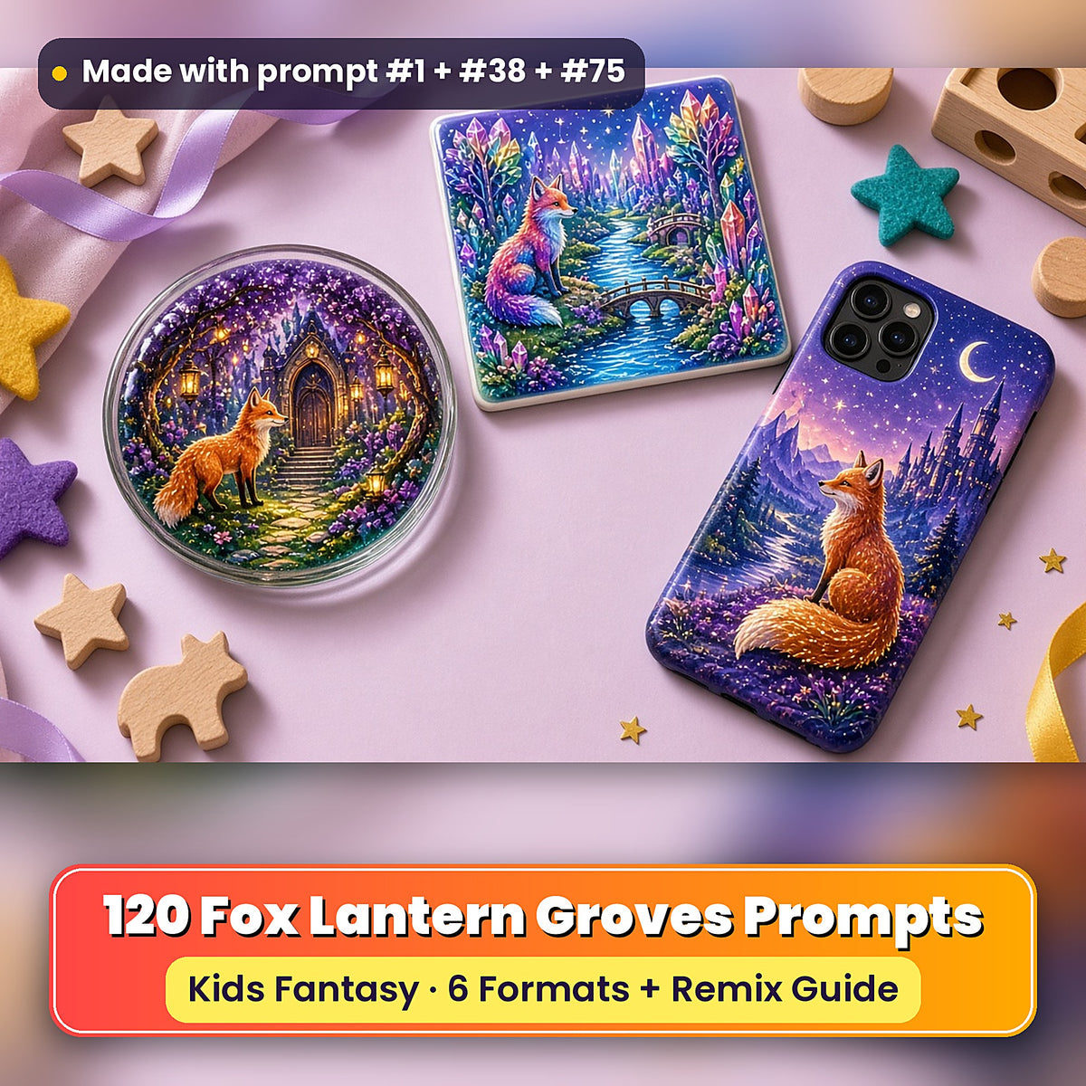 Fox Lantern Groves kids fantasy prompt pack: UV-printed coaster, tile and phone case set mockup, made with prompt #1 + #38 + #75