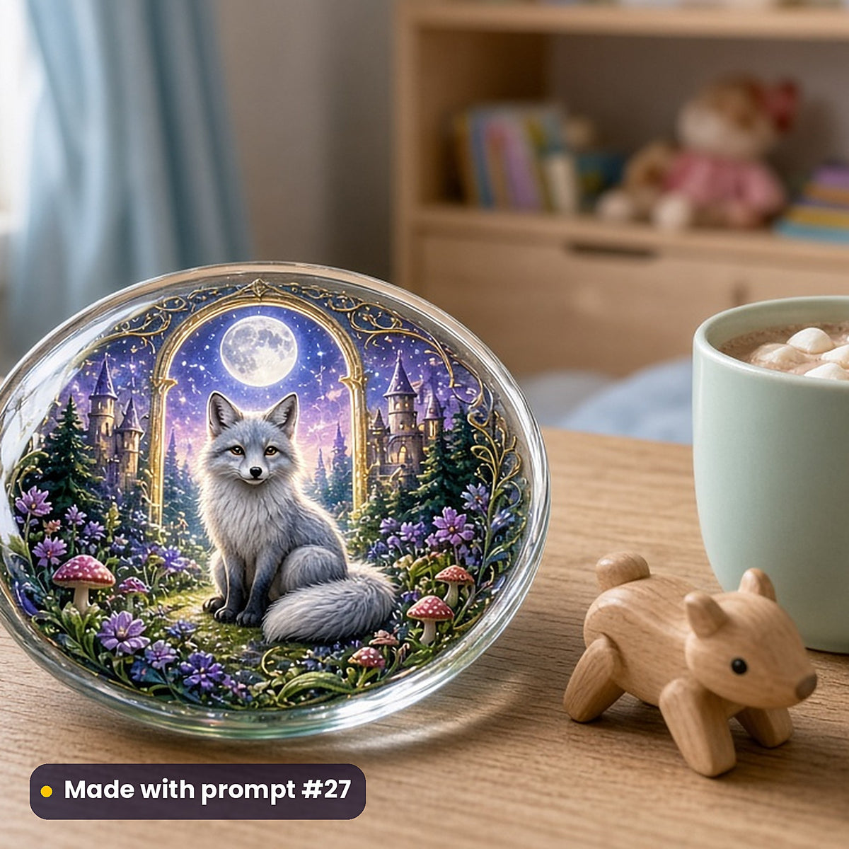 Fox Lantern Groves kids fantasy prompt pack: UV-printed glass coaster mockup, made with prompt #27
