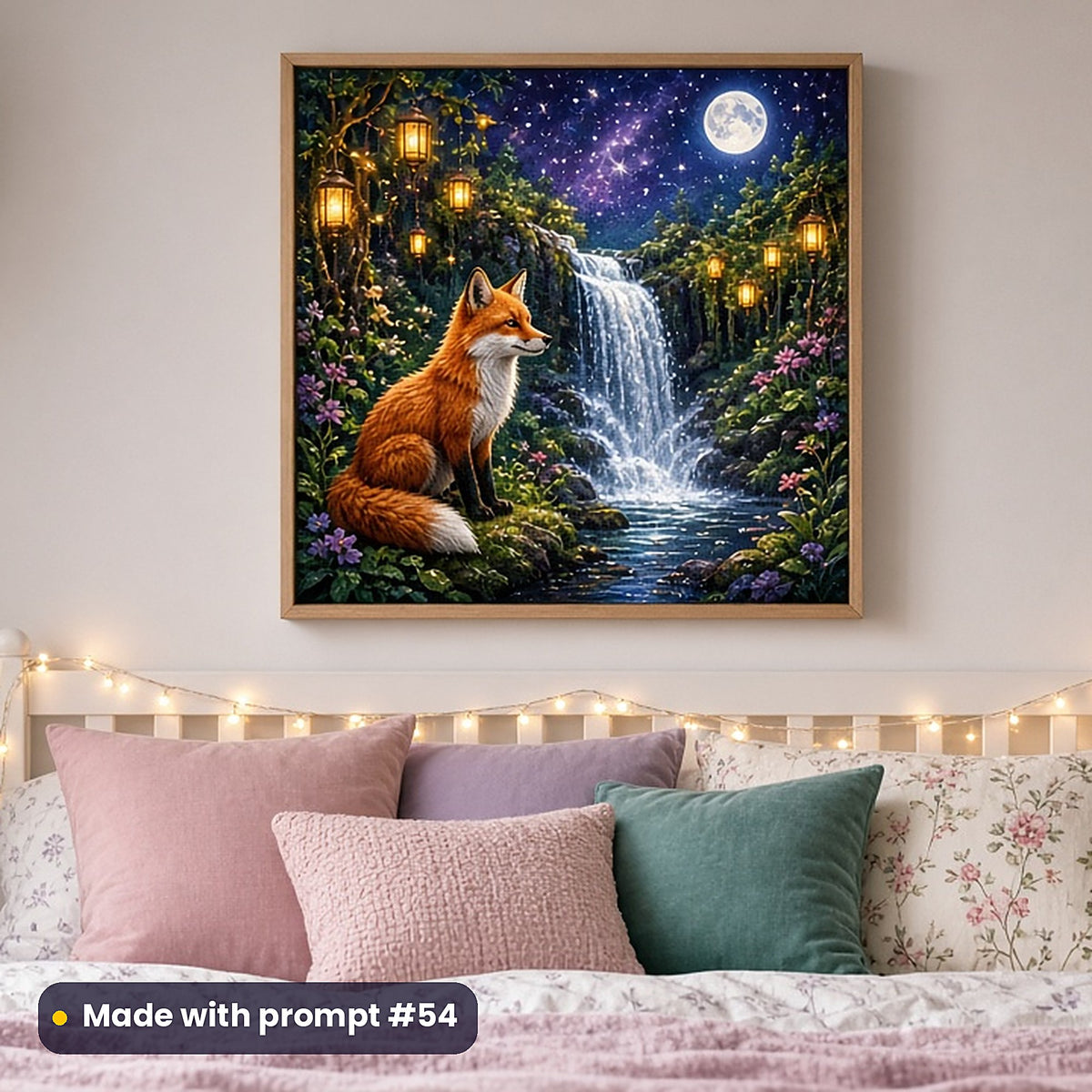 Fox Lantern Groves kids fantasy prompt pack: framed nursery print mockup, made with prompt #54