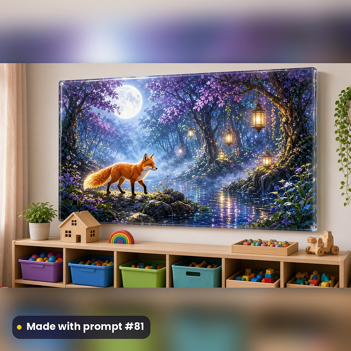 Fox Lantern Groves kids fantasy prompt pack: acrylic wall panel above a toy shelf mockup, made with prompt #81