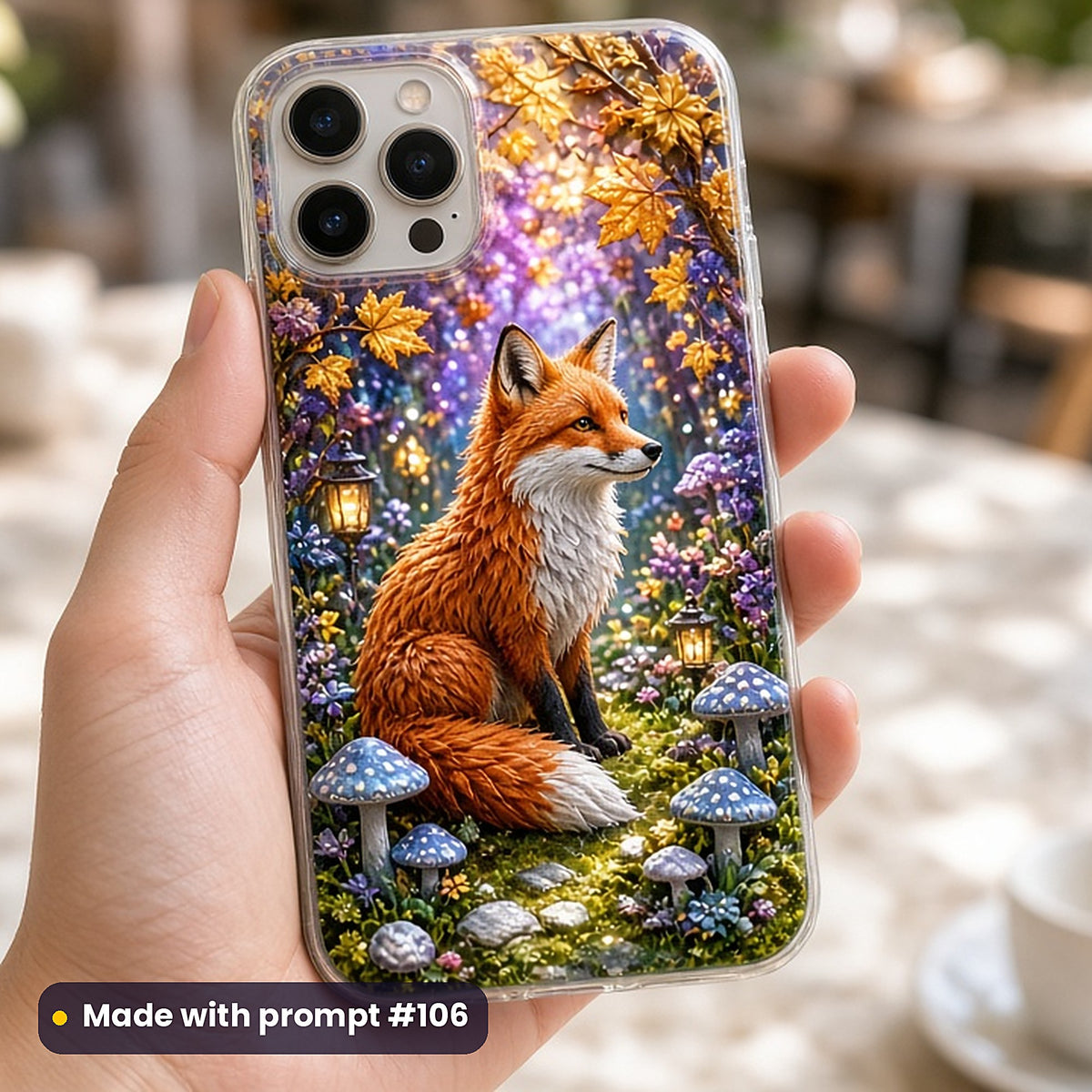 Fox Lantern Groves kids fantasy prompt pack: UV-printed phone case mockup, made with prompt #106
