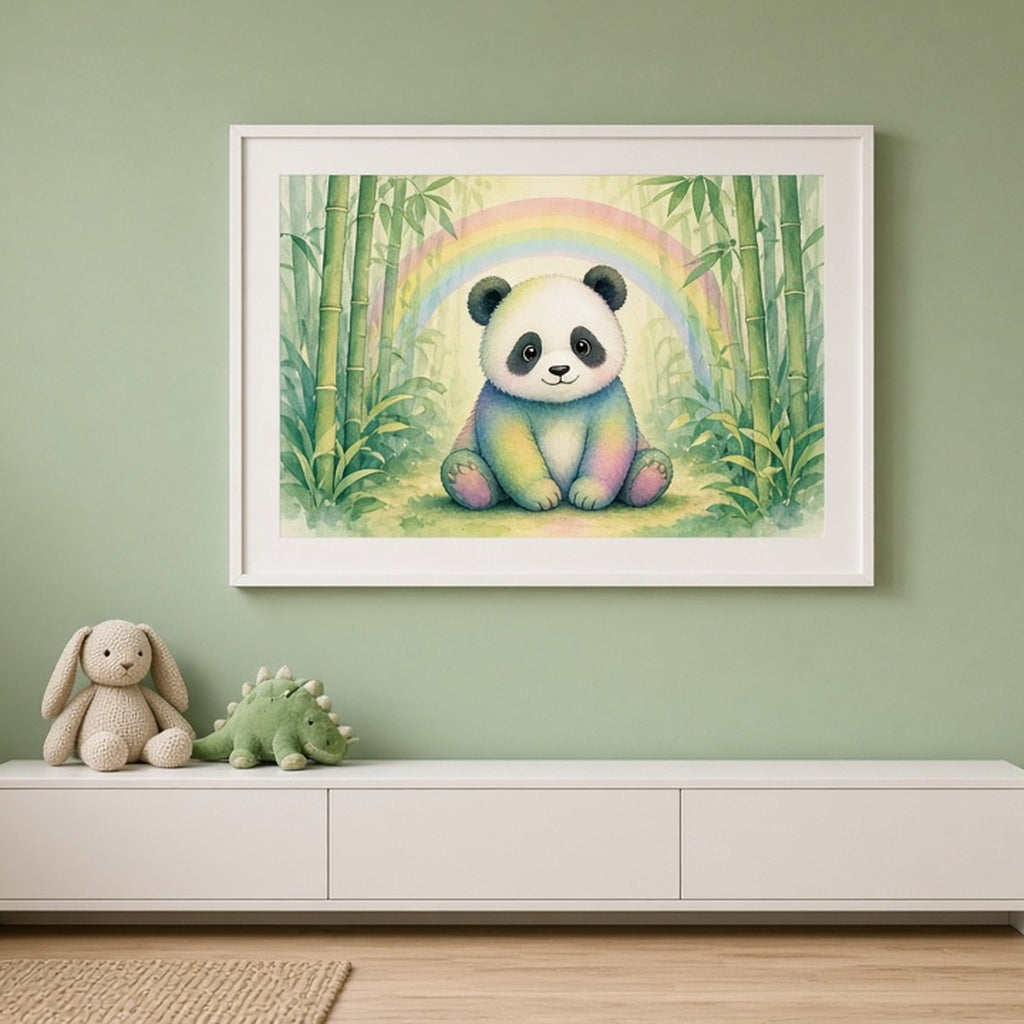 Rainbow-tinted panda in a glowing bamboo grove shown as a flat framed print in a playroom, made with prompt #12