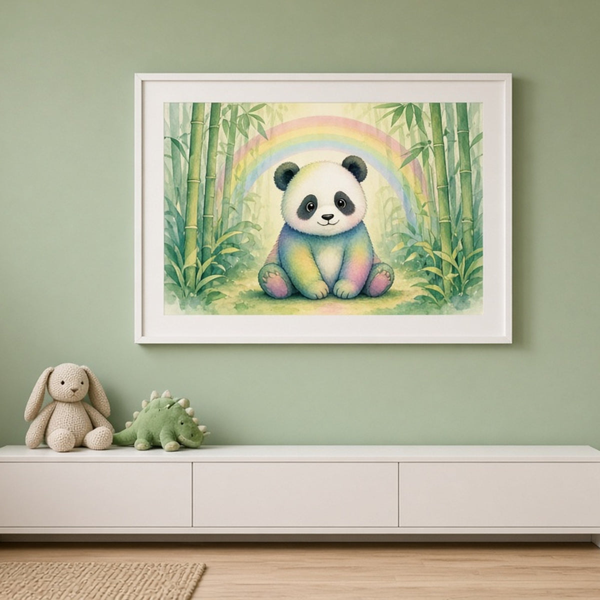 Rainbow-tinted panda in a glowing bamboo grove shown as a flat framed print in a playroom, made with prompt #12