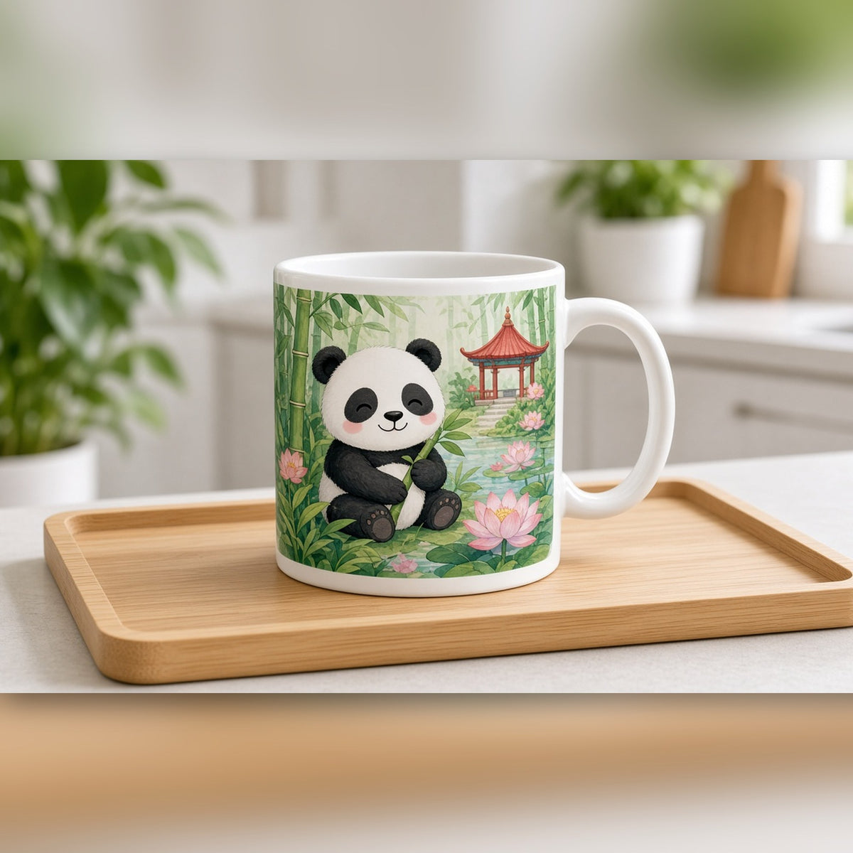 Panda in a magical bamboo palace garden printed flat on a white mug, made with prompt #63