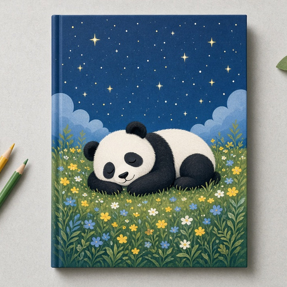 Panda in a starlit meadow printed flat on a hardback notebook, made with prompt #101