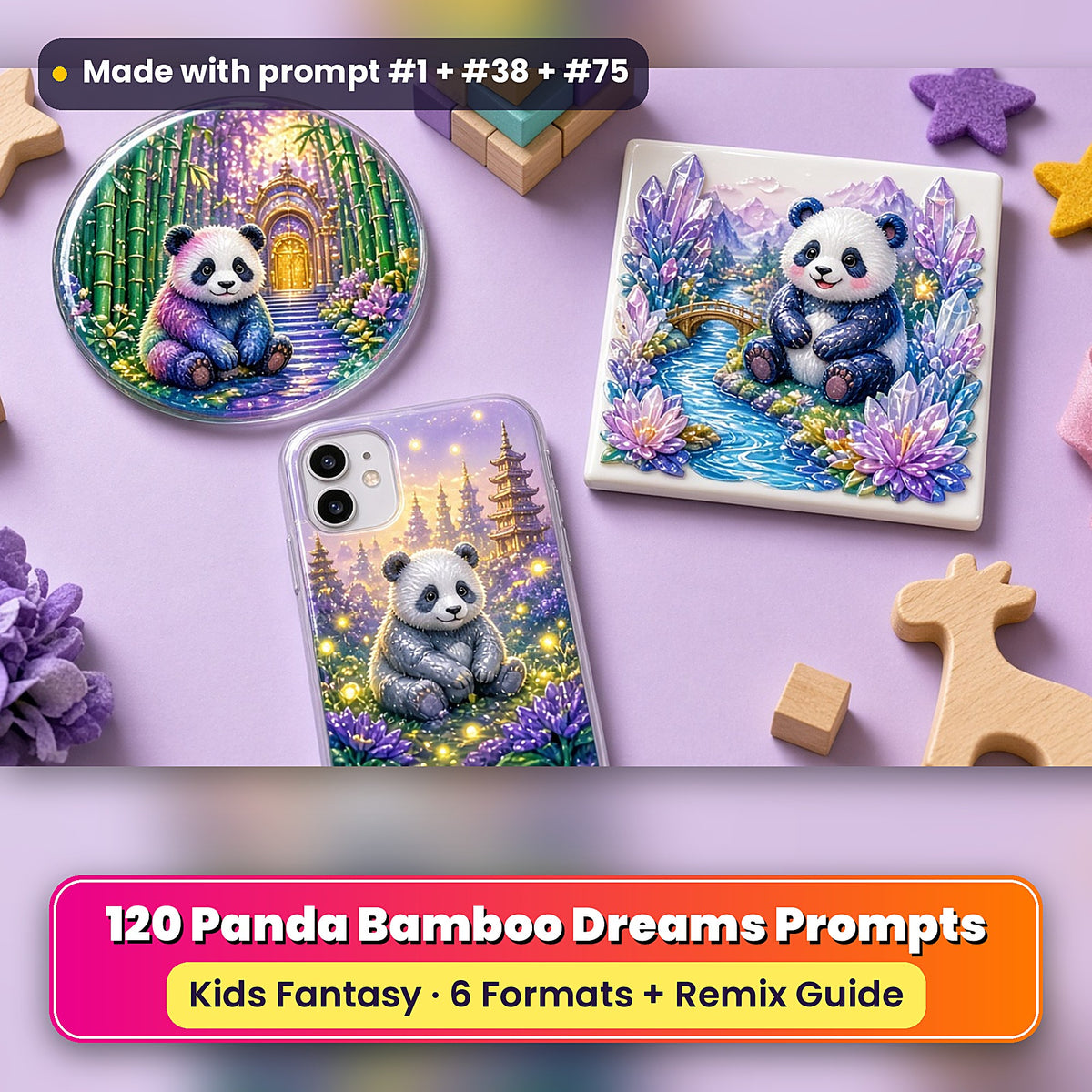 Panda Bamboo Dreams kids fantasy prompt pack: UV-printed coaster, tile and phone case set mockup, made with prompt #1 + #38 + #75