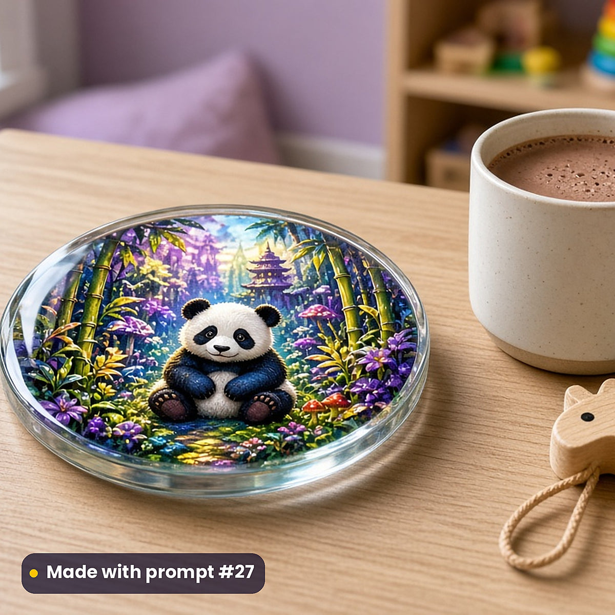 Panda Bamboo Dreams kids fantasy prompt pack: UV-printed glass coaster mockup, made with prompt #27