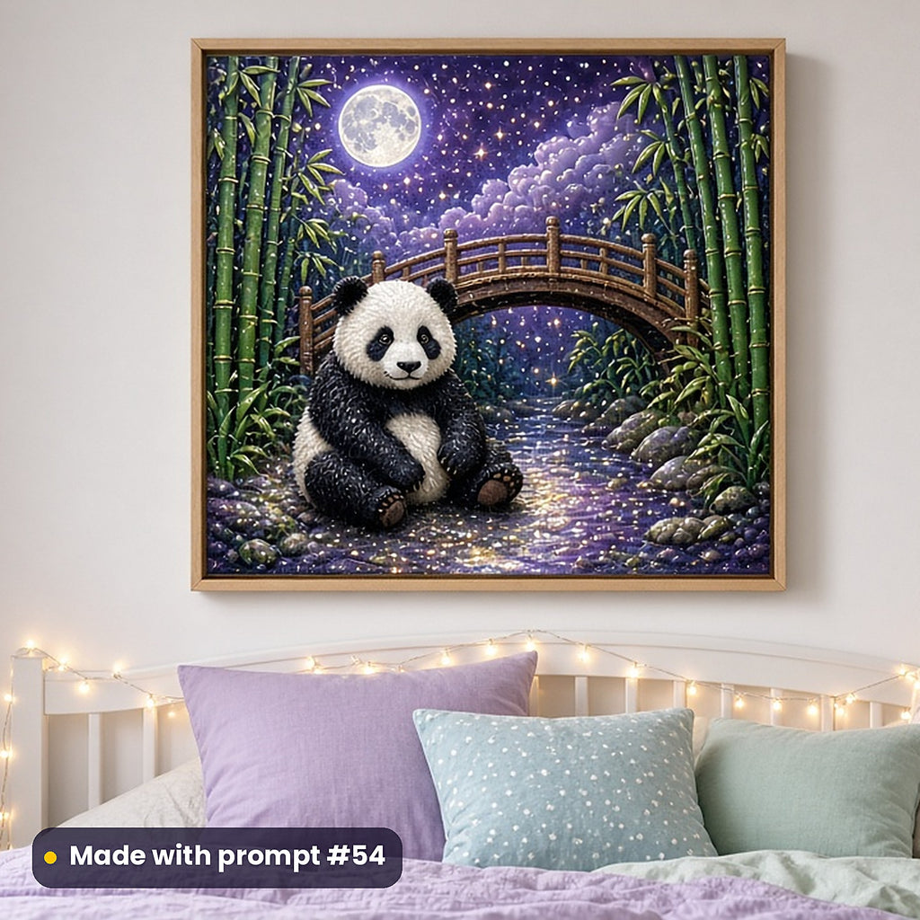 Panda Bamboo Dreams kids fantasy prompt pack: framed nursery print mockup, made with prompt #54