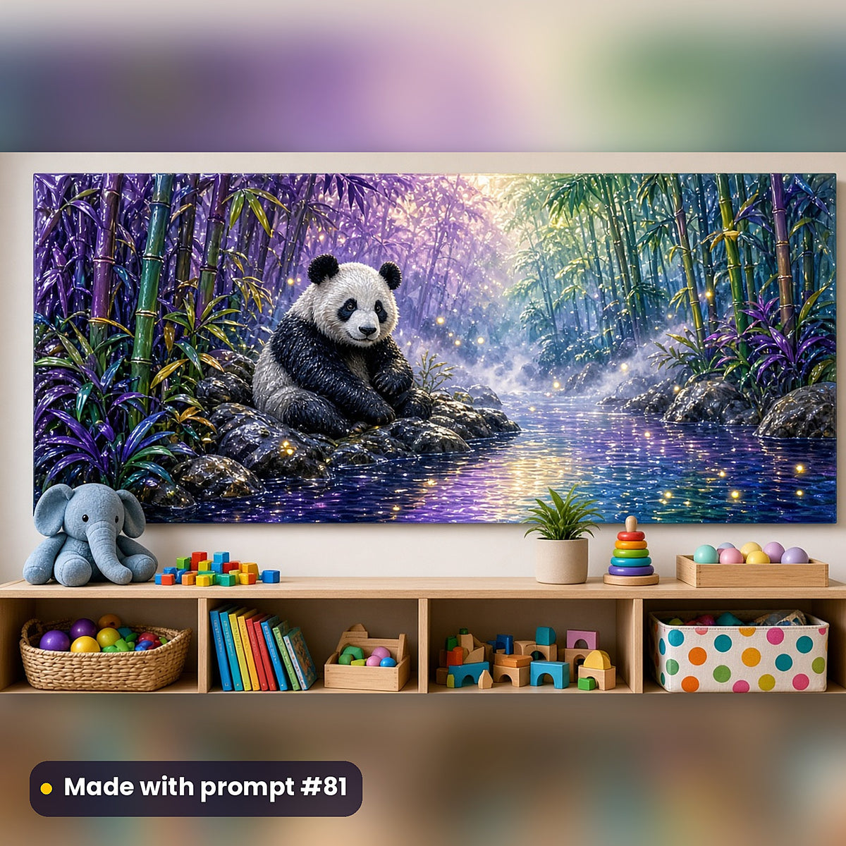 Panda Bamboo Dreams kids fantasy prompt pack: acrylic wall panel above a toy shelf mockup, made with prompt #81