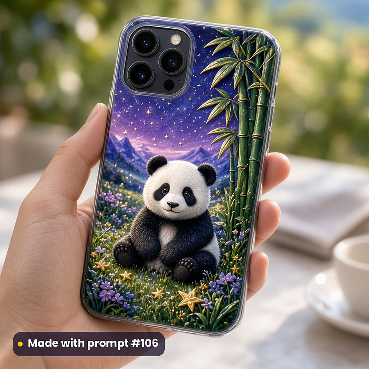 Panda Bamboo Dreams kids fantasy prompt pack: UV-printed phone case mockup, made with prompt #106