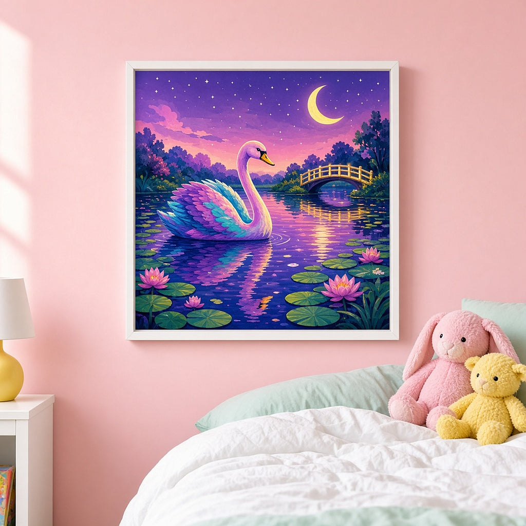 Jeweled swan on a moonlit lake printed flat on a framed print in a child's bedroom, made with prompt #11