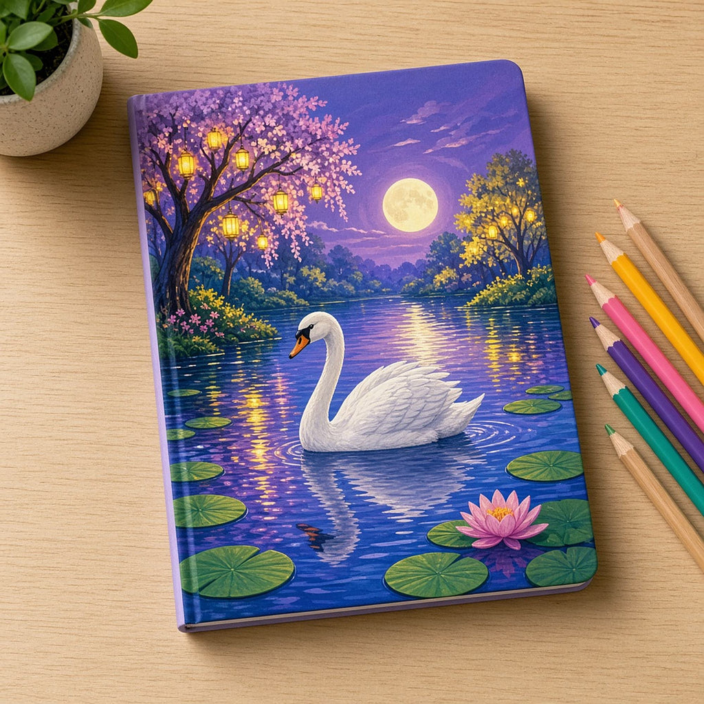 Silver swan beneath lantern trees printed flat on a notebook, made with prompt #62