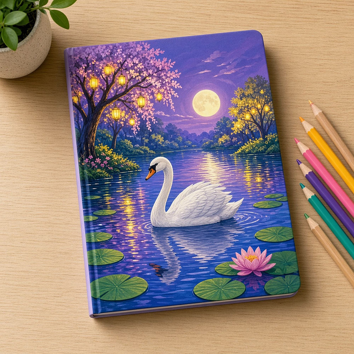 Silver swan beneath lantern trees printed flat on a notebook, made with prompt #62