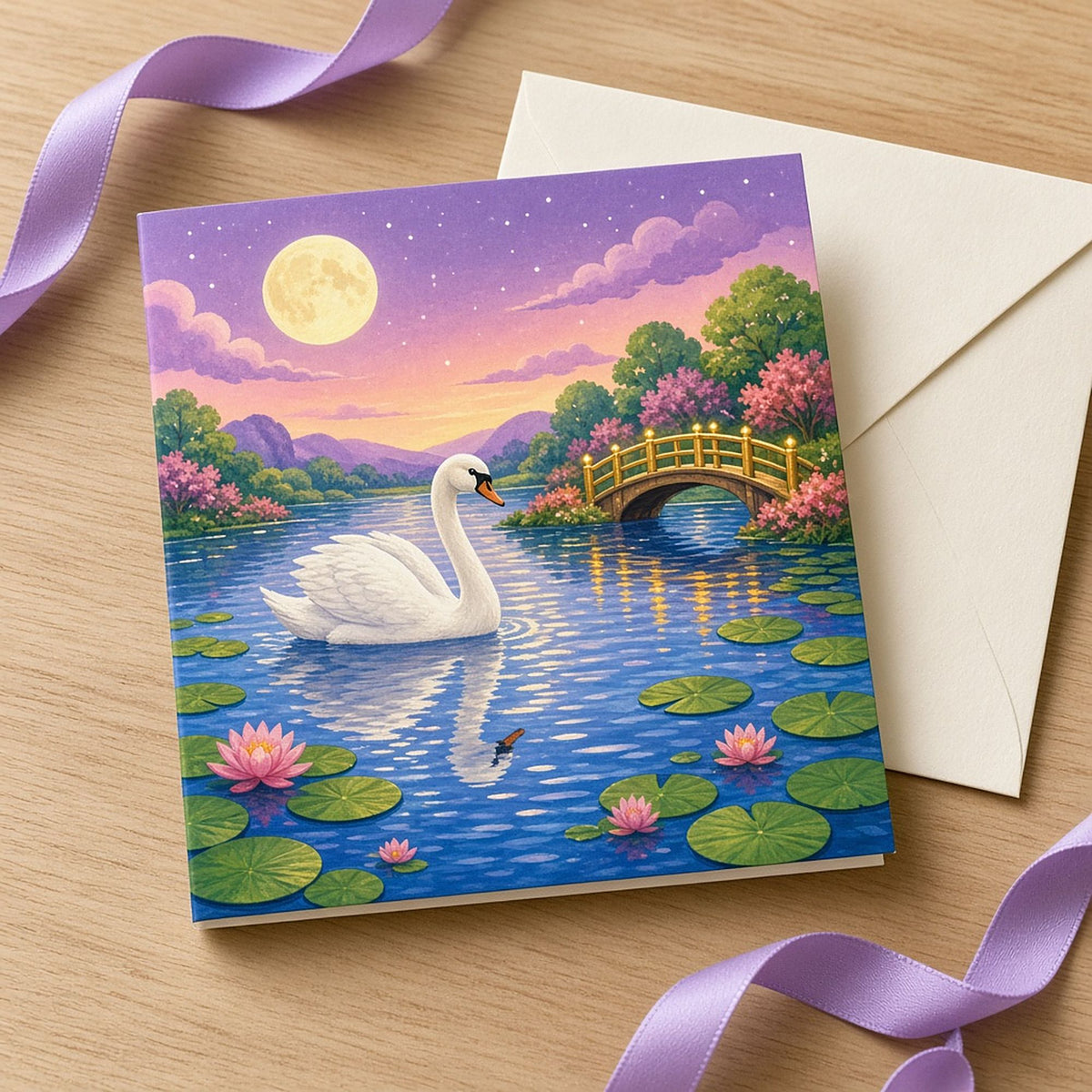 Swan reflected in shimmering water printed flat on a greeting card, made with prompt #100