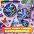 Swan Moon Lakes kids' fantasy prompt pack title card with UV-printed coaster, tile and phone case, made with prompt #1 + #38 + #76