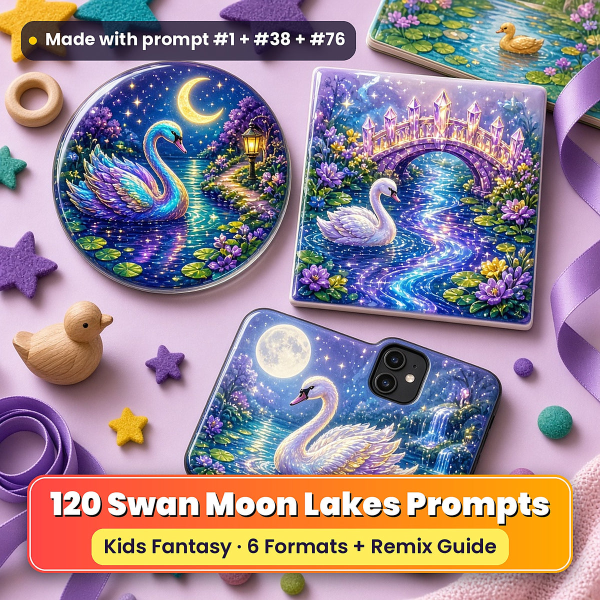 Swan Moon Lakes kids' fantasy prompt pack title card with UV-printed coaster, tile and phone case, made with prompt #1 + #38 + #76