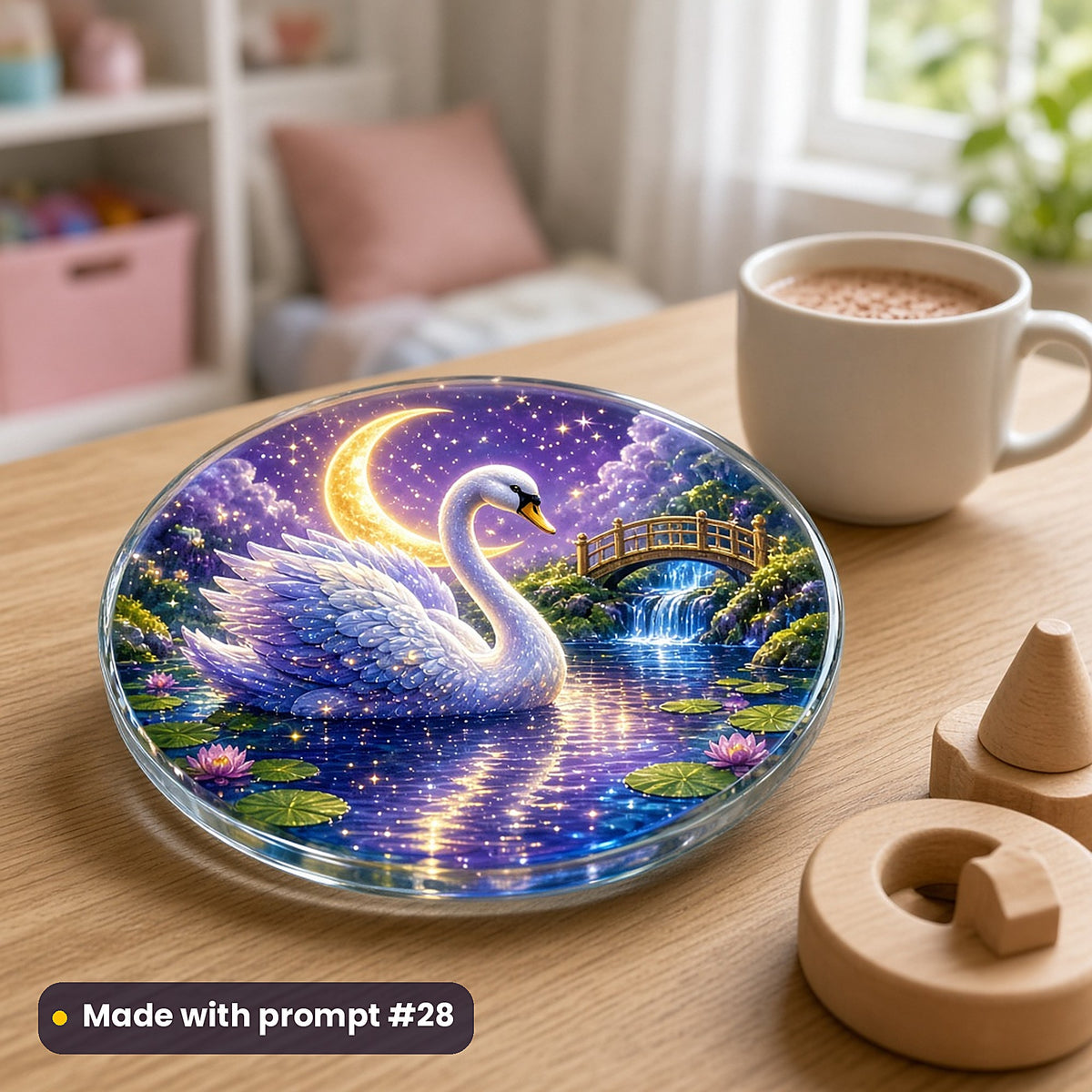 Swan Moon Lakes kids' fantasy artwork UV-printed on a glass coaster, made with prompt #28