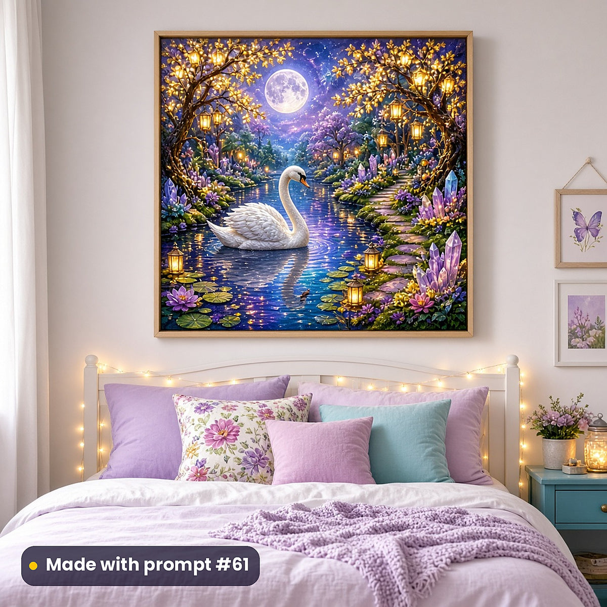 Swan Moon Lakes kids' fantasy artwork UV-printed on a framed print, made with prompt #61
