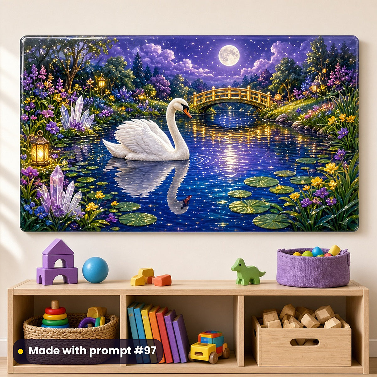 Swan Moon Lakes kids' fantasy artwork UV-printed on an acrylic wall panel, made with prompt #97