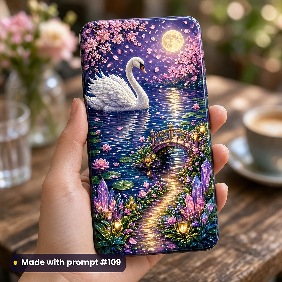 Swan Moon Lakes kids' fantasy artwork UV-printed on a phone case, made with prompt #109