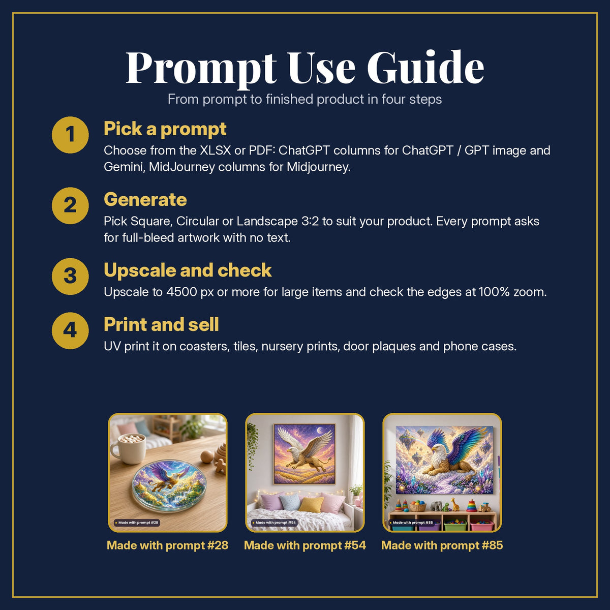 Prompt Use Guide for the Griffin Golden Kingdoms Kids Fantasy Prompt Pack: pick a prompt, generate, upscale and check, print and sell, with sample products made with the pack's prompts