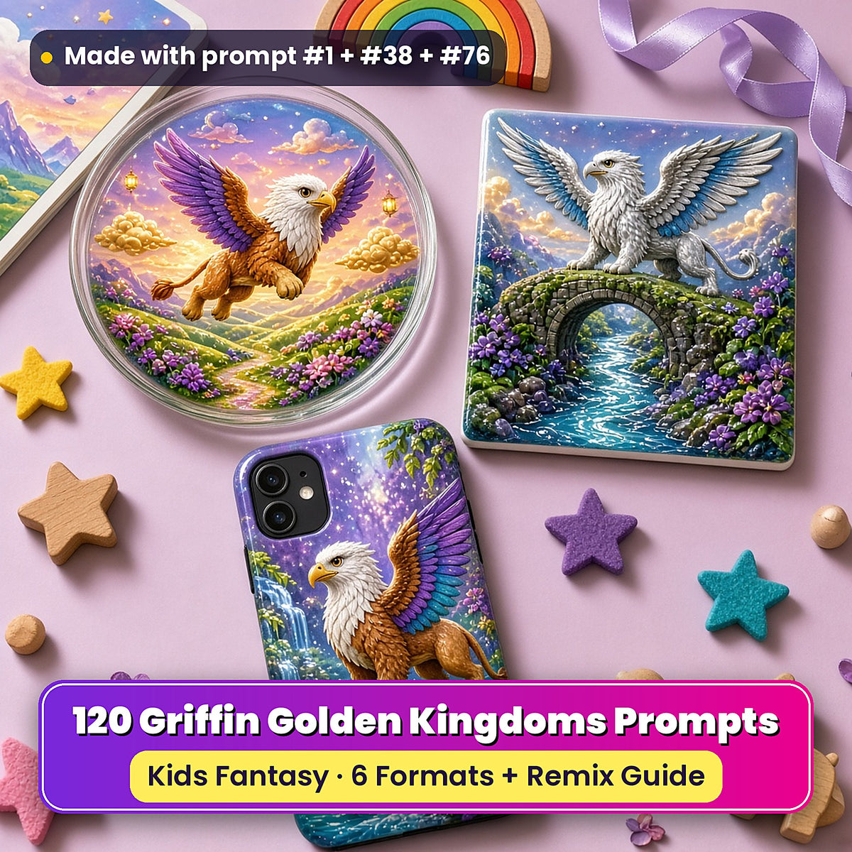 Griffin Golden Kingdoms kids' fantasy prompt pack title card with UV-printed coaster, tile and phone case, made with prompt #1 + #38 + #76
