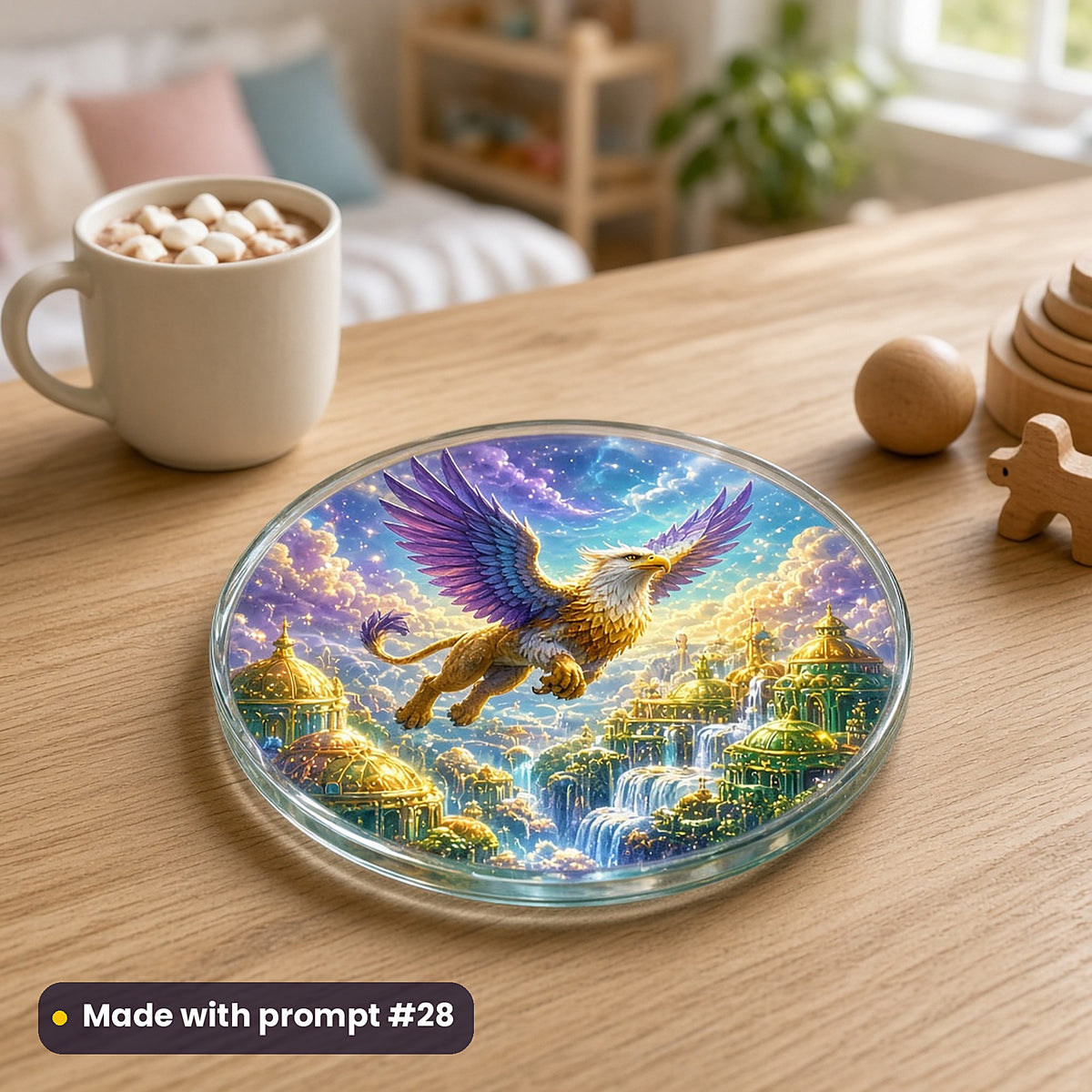 Griffin Golden Kingdoms kids' fantasy artwork UV-printed on a glass coaster, made with prompt #28