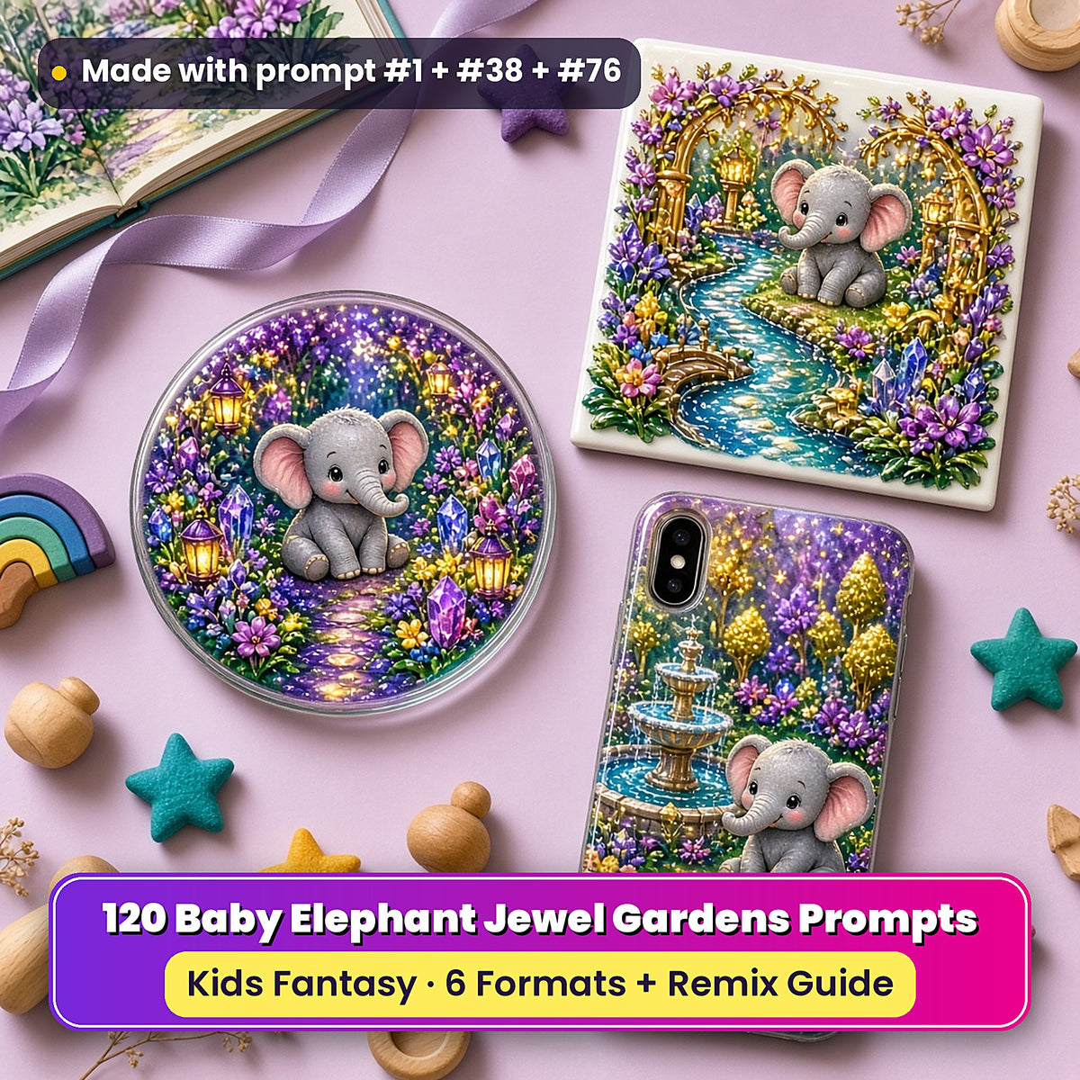 Baby Elephant Jewel Gardens kids' fantasy prompt pack title card with UV-printed coaster, tile and phone case, made with prompt #1 + #38 + #76