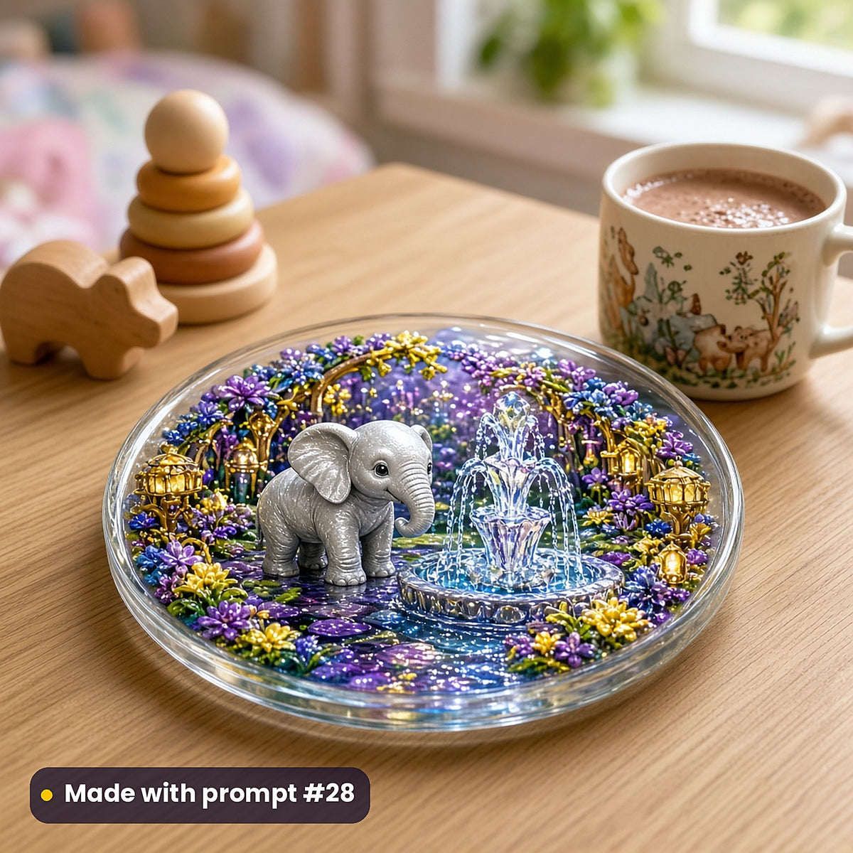 Baby Elephant Jewel Gardens kids' fantasy artwork UV-printed on a glass coaster, made with prompt #28
