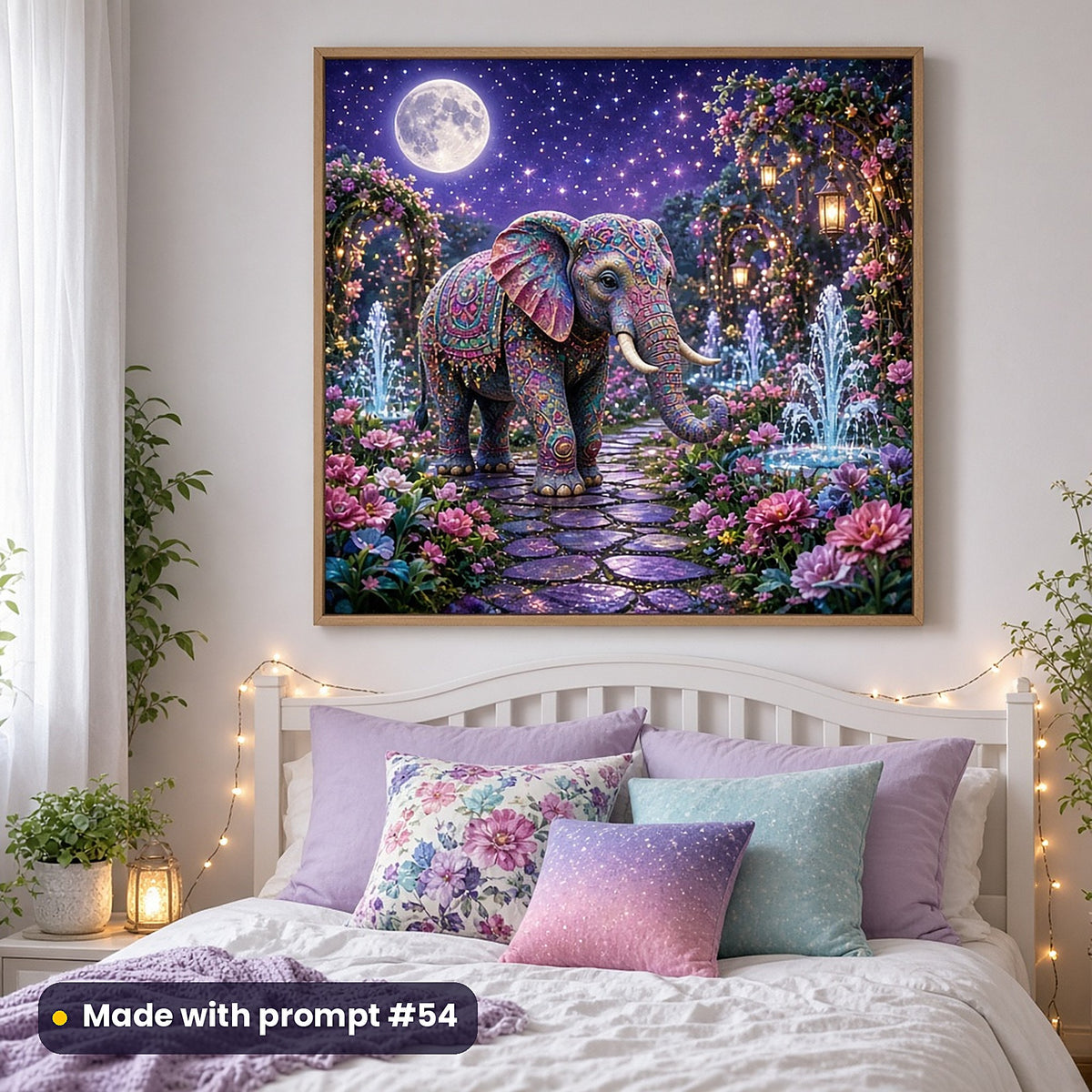 Baby Elephant Jewel Gardens kids' fantasy artwork UV-printed on a framed print, made with prompt #54