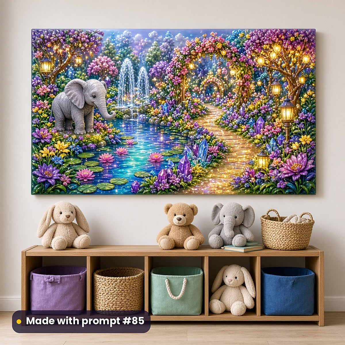 Baby Elephant Jewel Gardens kids' fantasy artwork UV-printed on an acrylic wall panel, made with prompt #85