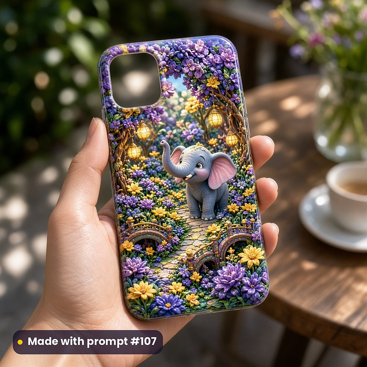 Baby Elephant Jewel Gardens kids' fantasy artwork UV-printed on a phone case, made with prompt #107