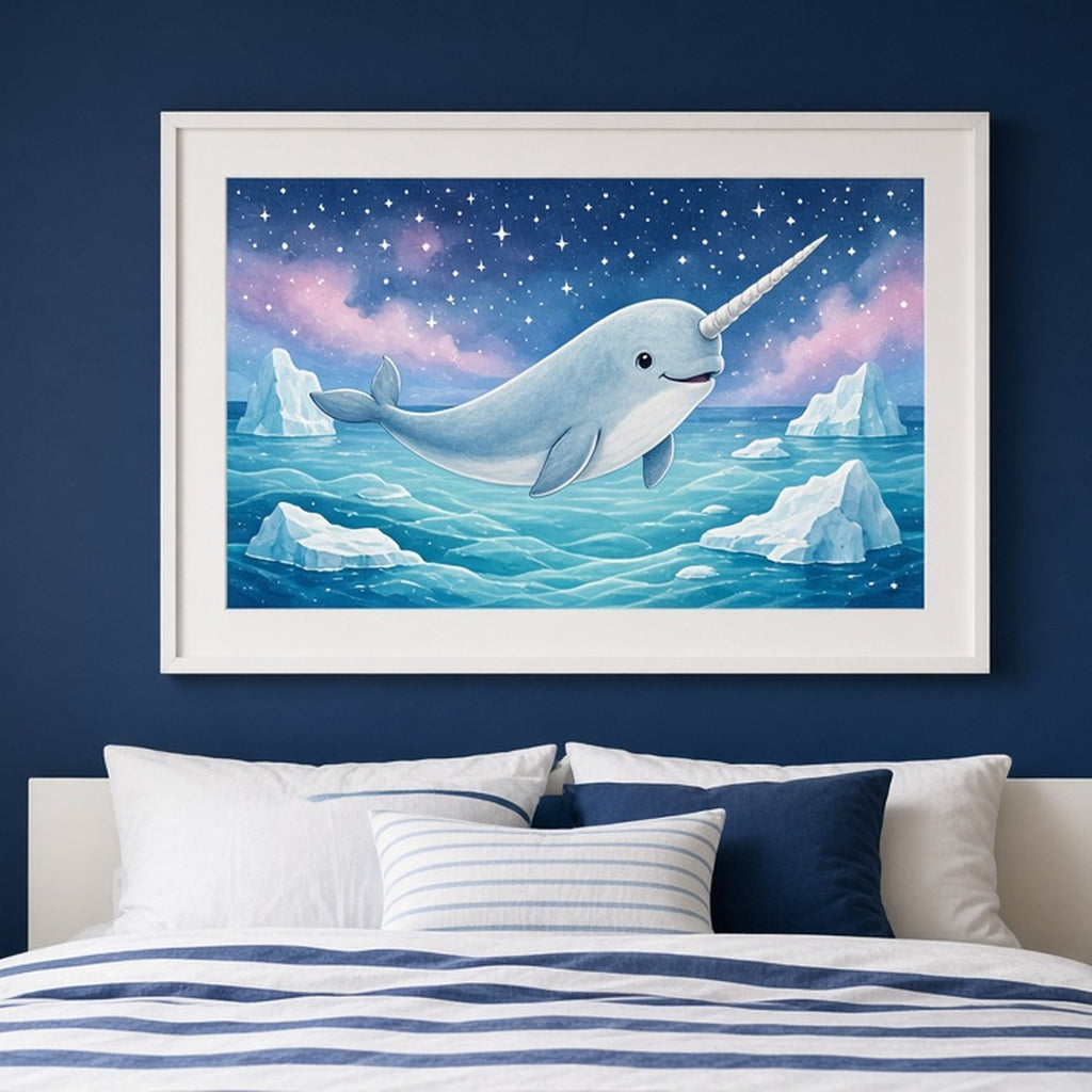 Friendly narwhal in a glowing icy sea shown as a flat framed print in a child's bedroom, made with prompt #12