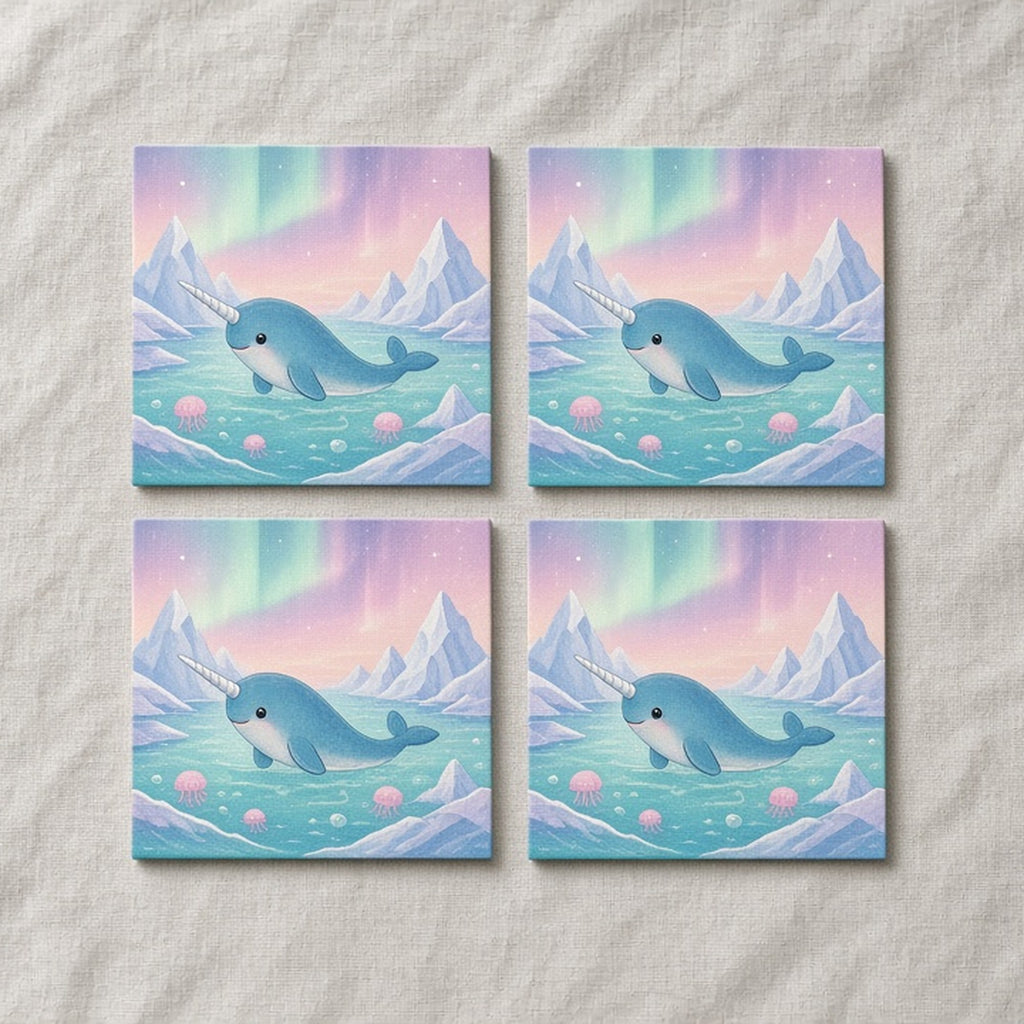 Narwhal in a magical polar lagoon printed flat on a set of four coasters, made with prompt #56