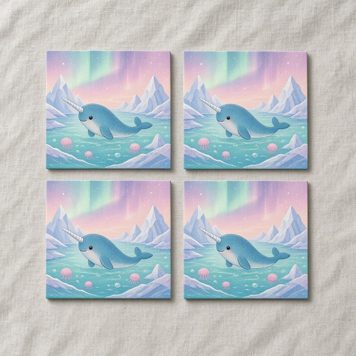 Narwhal in a magical polar lagoon printed flat on a set of four coasters, made with prompt #56