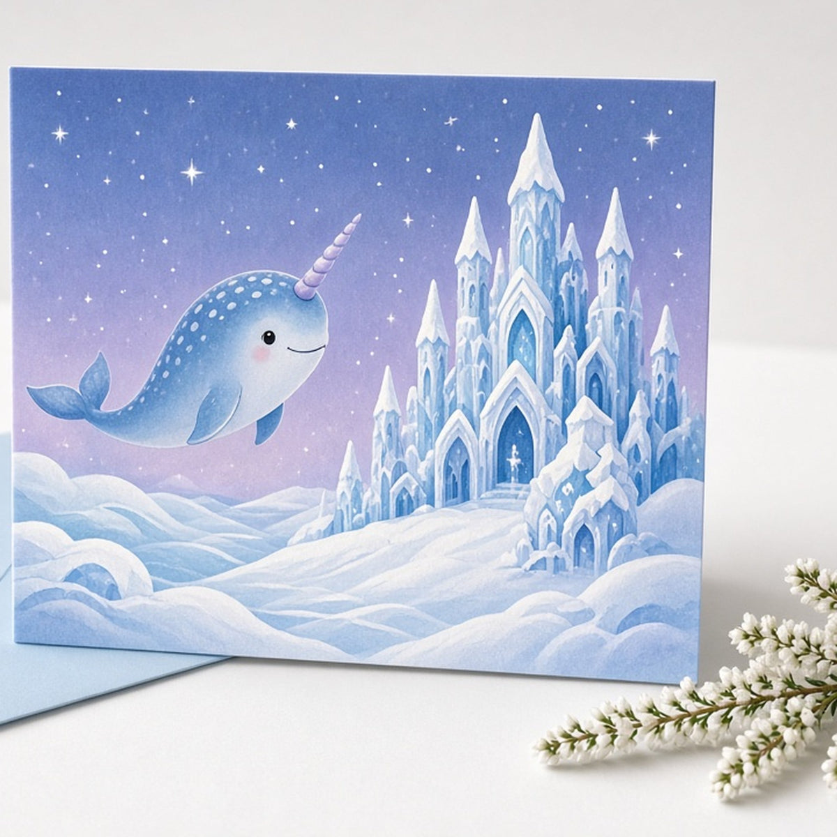 Narwhal beside a snowy sea kingdom printed flat on a greeting card, made with prompt #101