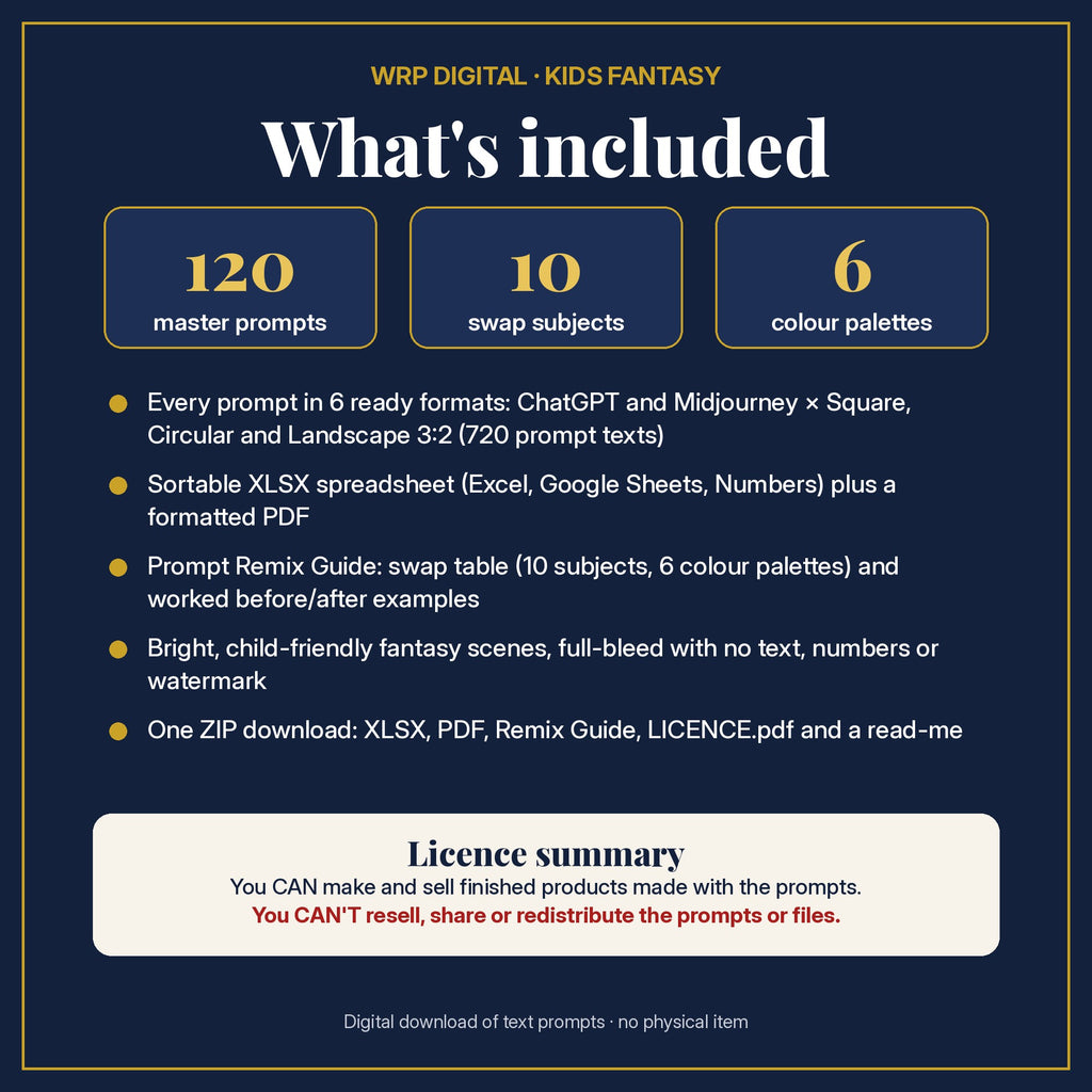 What's included in the Narwhal Northern Seas Kids Fantasy Prompt Pack: 120 master prompts, 10 swap subjects, 6 colour palettes, XLSX and PDF, Prompt Remix Guide and licence summary