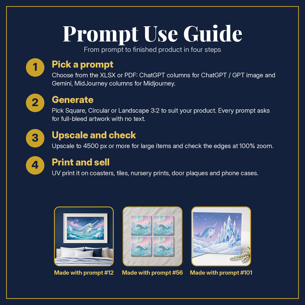 Prompt Use Guide for the Narwhal Northern Seas Kids Fantasy Prompt Pack: pick a prompt, generate, upscale and check, print and sell, with sample products made with the pack's prompts