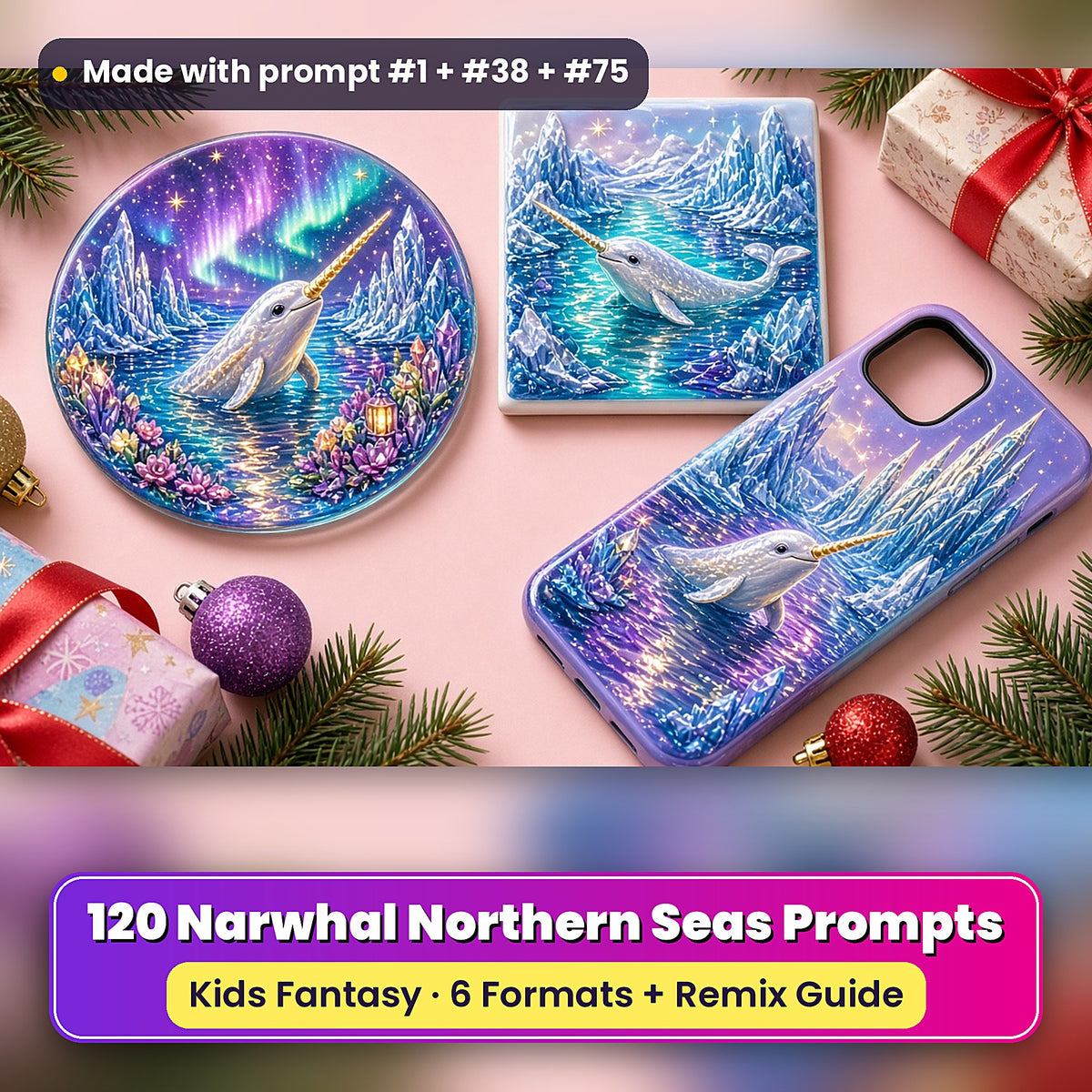 Narwhal Northern Seas kids fantasy prompt pack: UV-printed coaster, tile and phone case set mockup, made with prompt #1 + #38 + #75