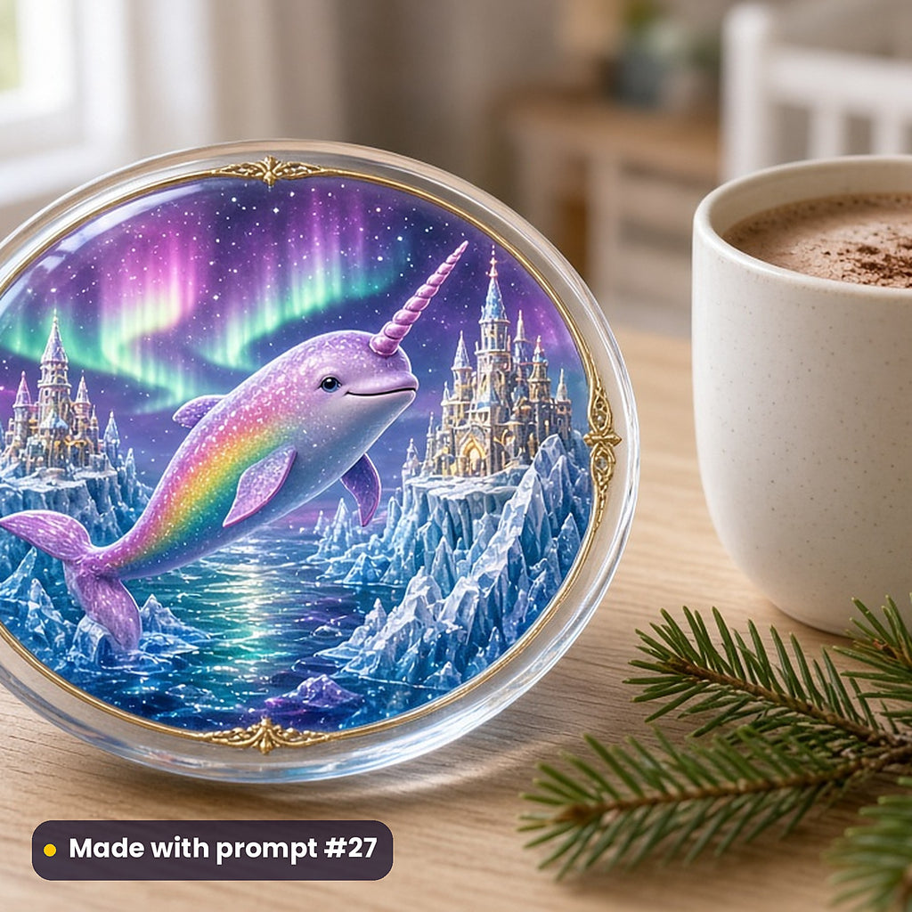 Narwhal Northern Seas kids fantasy prompt pack: UV-printed glass coaster mockup, made with prompt #27