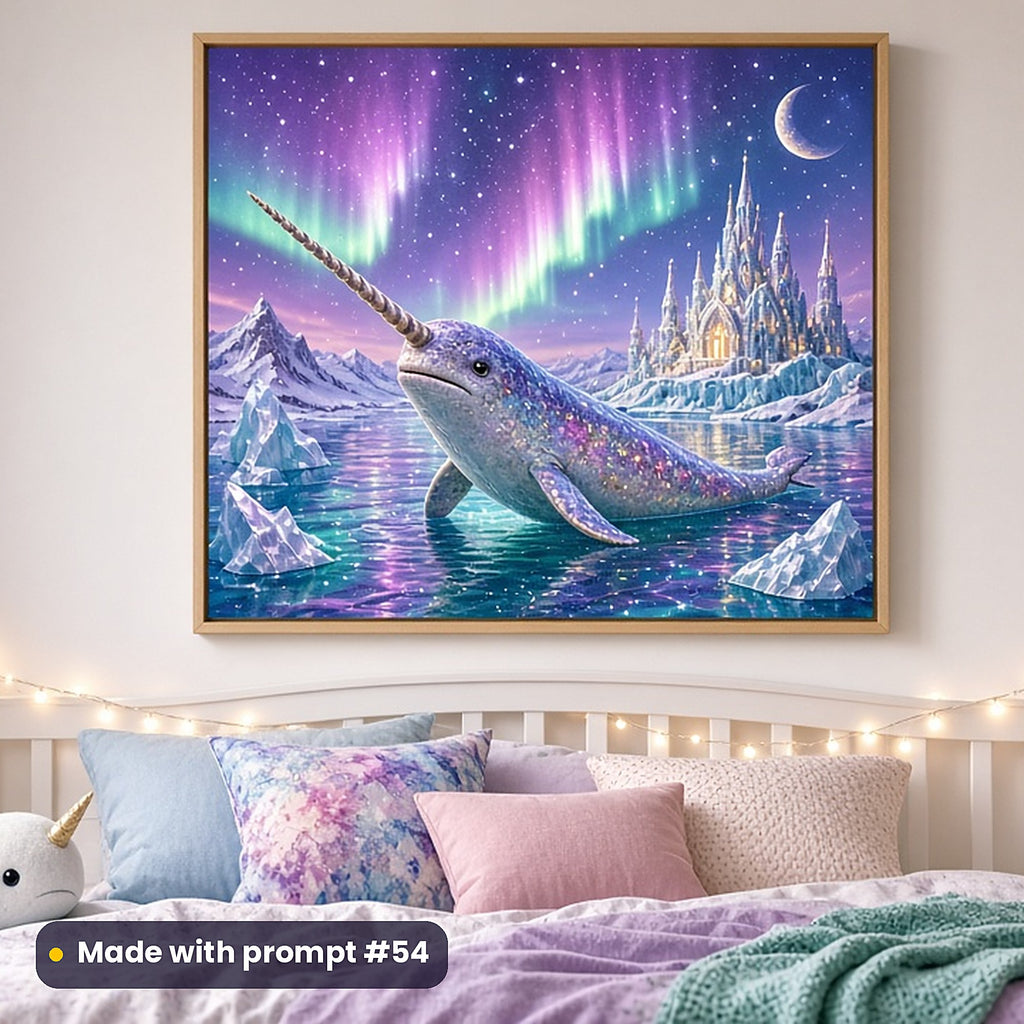 Narwhal Northern Seas kids fantasy prompt pack: framed nursery print mockup, made with prompt #54