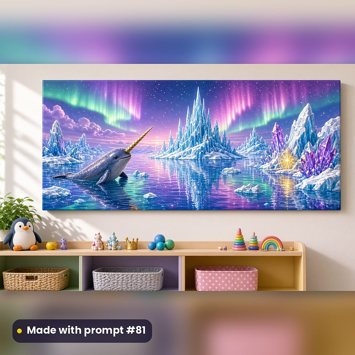 Narwhal Northern Seas kids fantasy prompt pack: acrylic wall panel above a toy shelf mockup, made with prompt #81