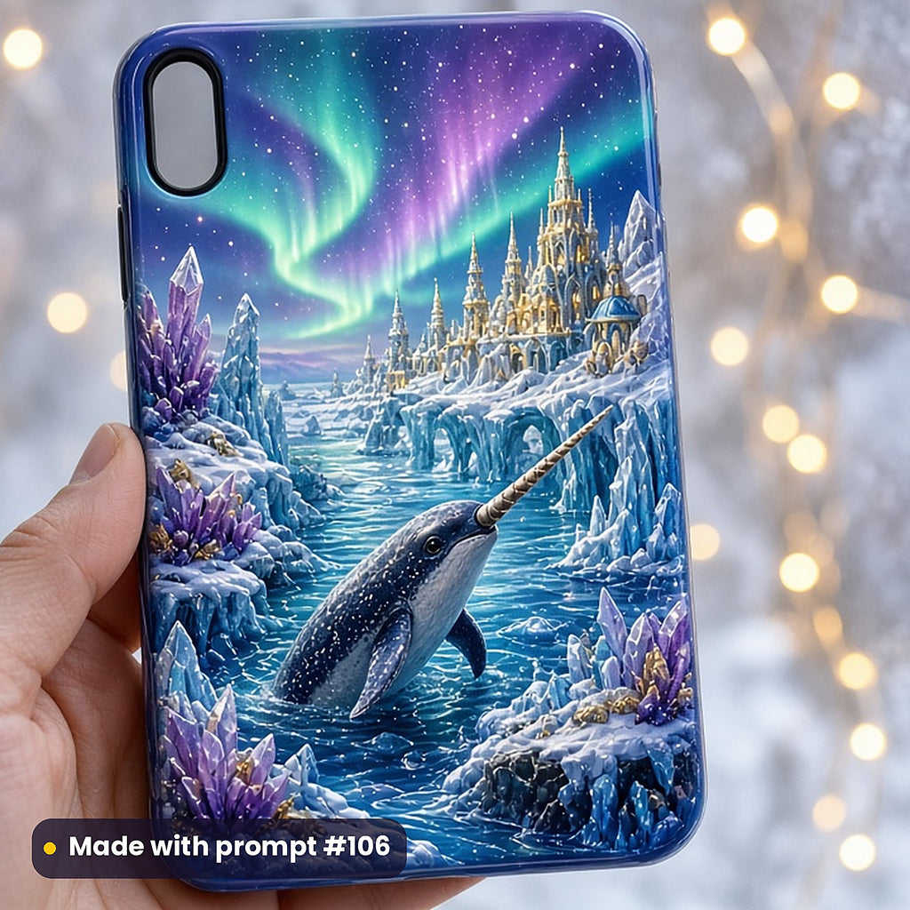Narwhal Northern Seas kids fantasy prompt pack: UV-printed phone case mockup, made with prompt #106