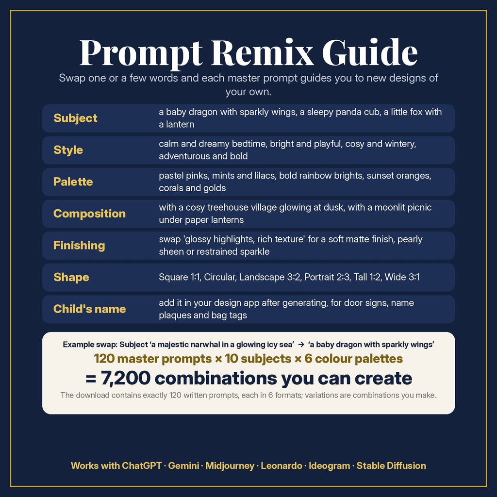 Prompt Remix Guide for the Narwhal Northern Seas Kids Fantasy Prompt Pack: 120 master prompts × 10 subjects × 6 colour palettes = 7,200 combinations, and what to change