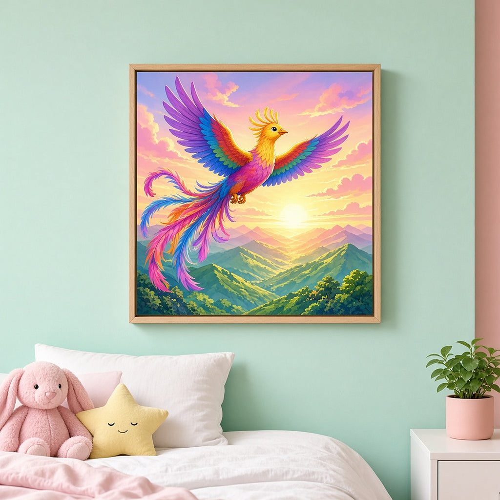 Rainbow phoenix above glowing mountains printed flat on a framed print in a child's bedroom, made with prompt #11