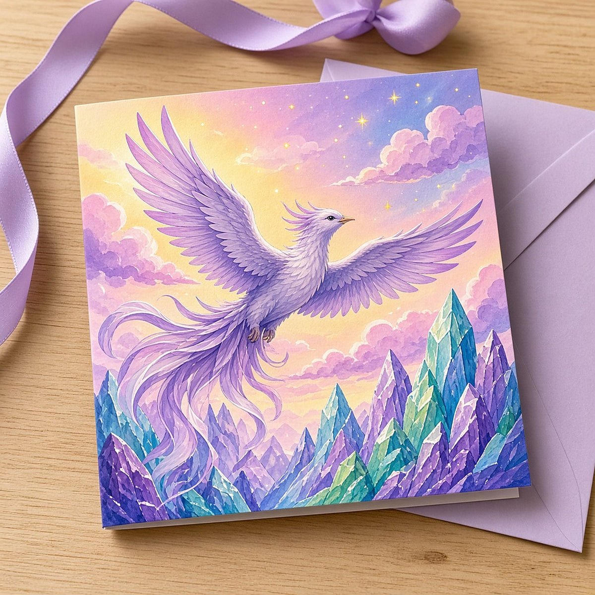 Silver phoenix in a magical sky printed flat on a greeting card, made with prompt #55