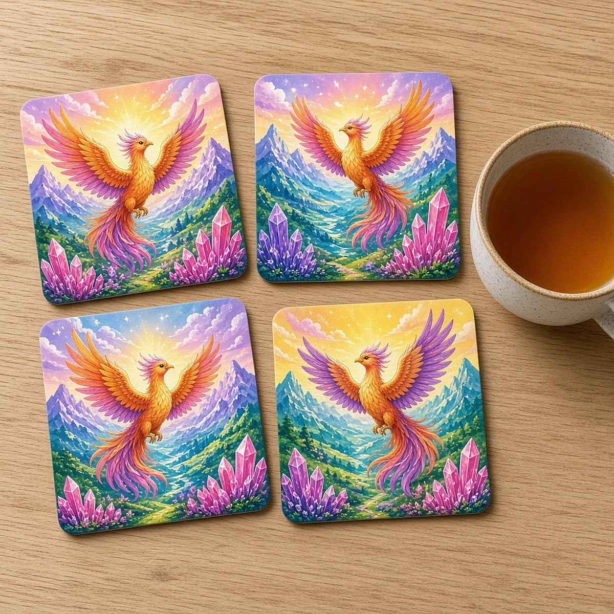 Phoenix in a sparkling mountain realm printed flat on coasters, made with prompt #100