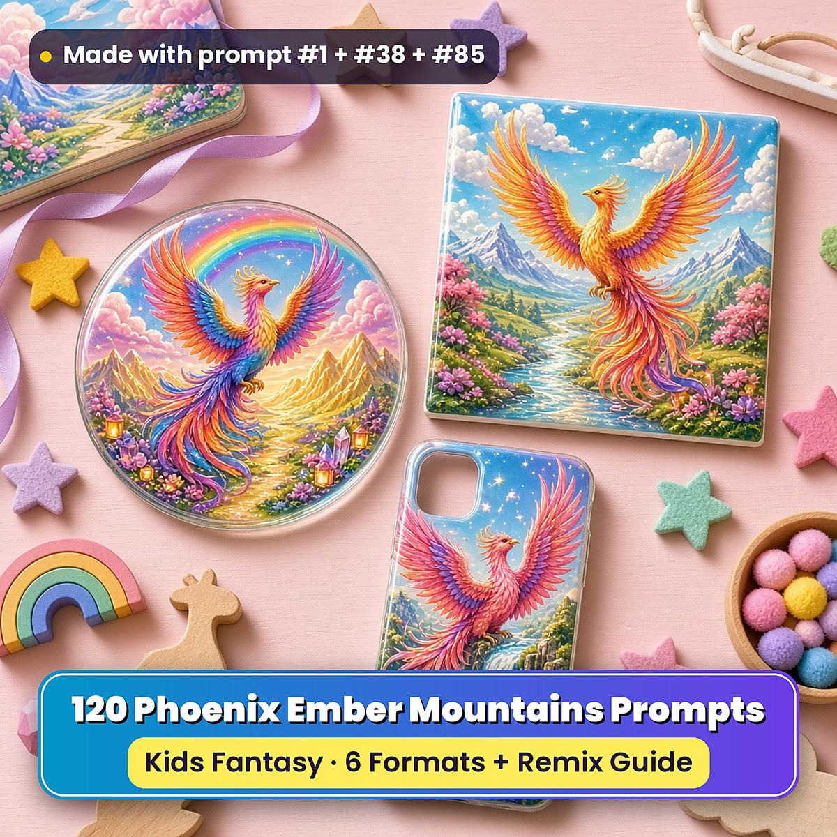 Phoenix Ember Mountains kids' fantasy prompt pack title card with UV-printed coaster, tile and phone case, made with prompt #1 + #38 + #85