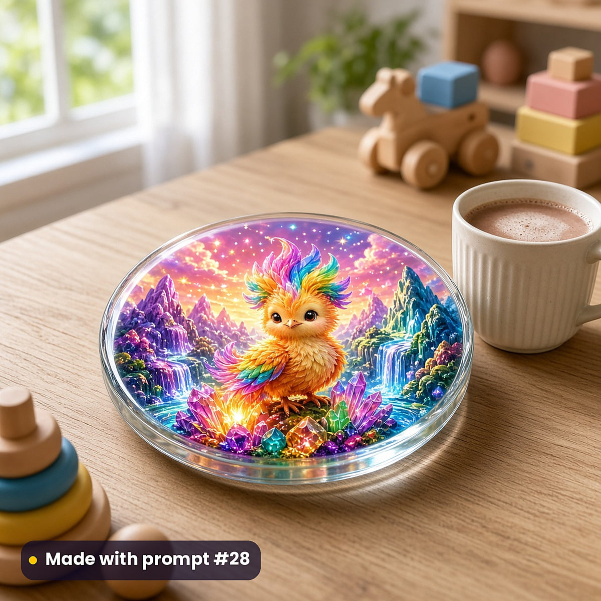 Phoenix Ember Mountains kids' fantasy artwork UV-printed on a glass coaster, made with prompt #28